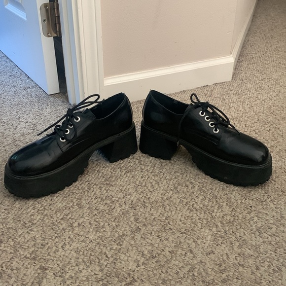 Vtg Unif black leather mega platform Oxford boho chunky heel loafer shoes sz 11 - Picture 4 of 8